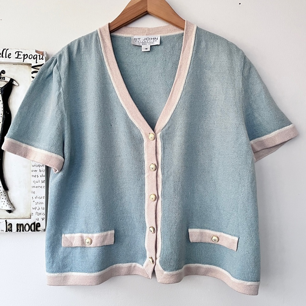 Vintage St John Collection Wool Knit Blue Short Sleeve Cardigan Size 14